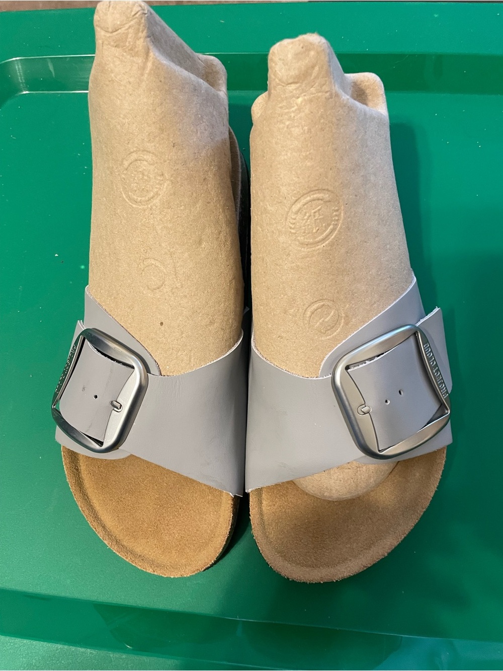 Leather Buckle Slide Sandals in Light Gray